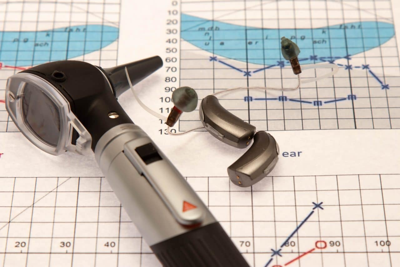 Otoscope and Hearing Aids Close up on a Audiogram