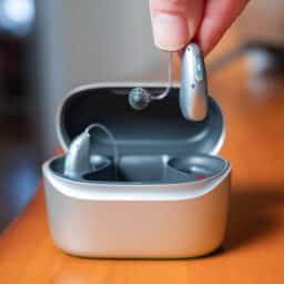 Rechargeable hearing aid held by fingers over its charging case